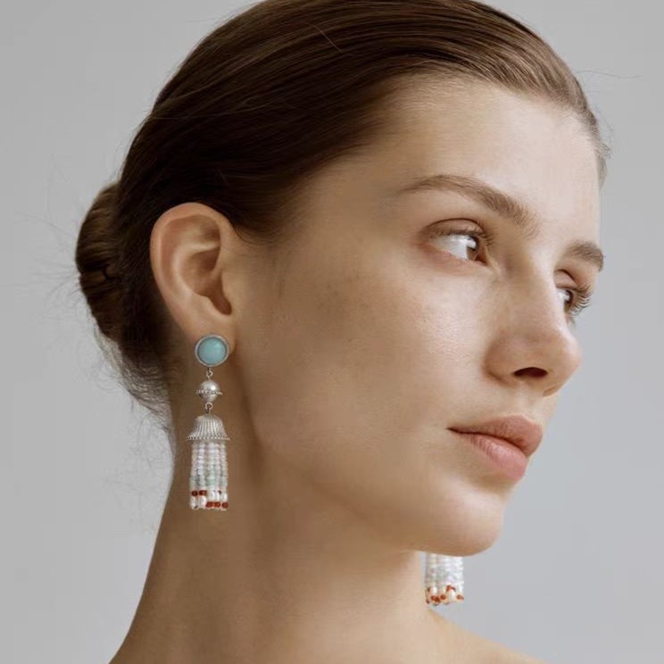 Blue Stud Pearl Tassel Earrings