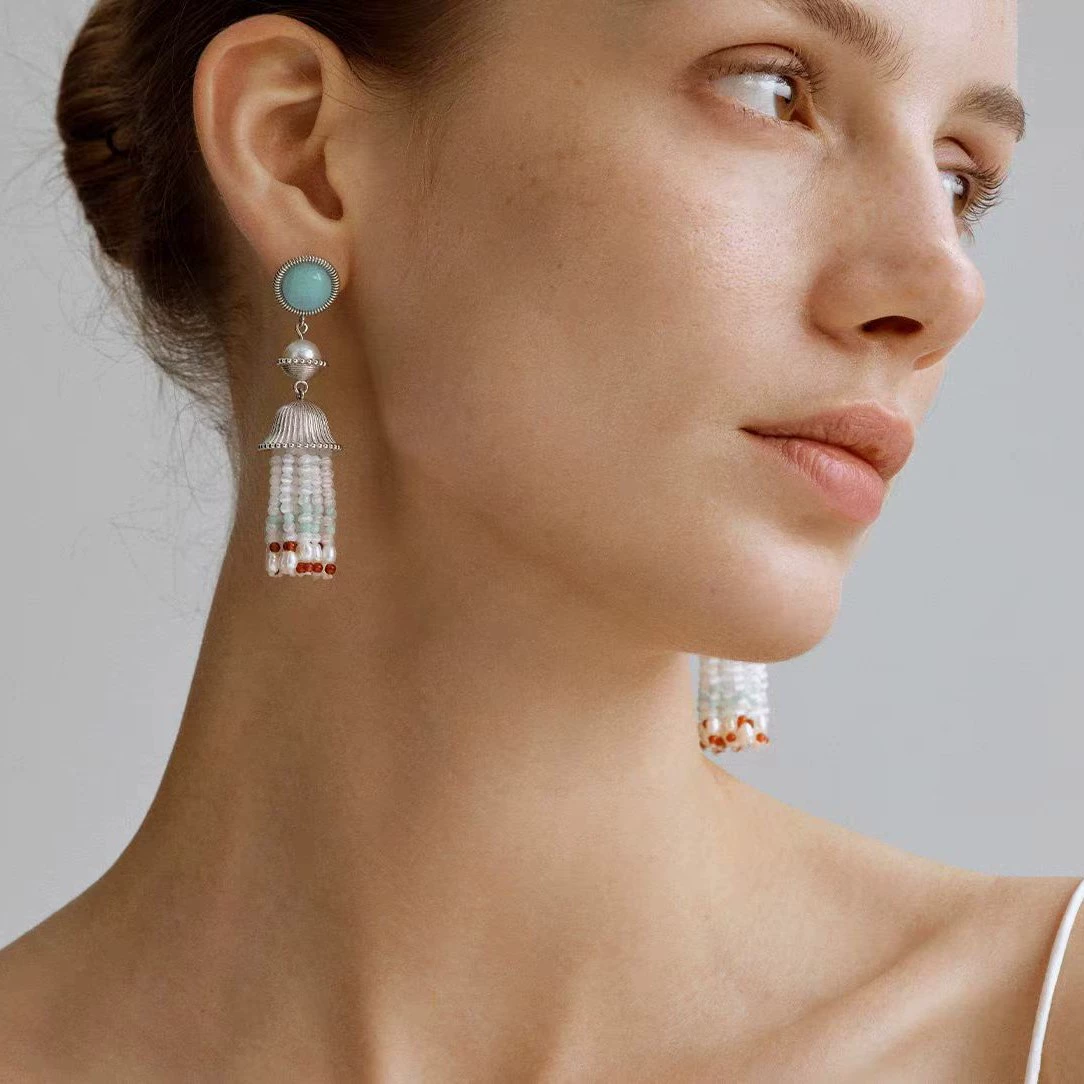 Blue Stud Pearl Tassel Earrings gallery 2