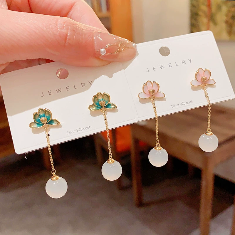 Chinese Style Glaze Petal Long Earrings