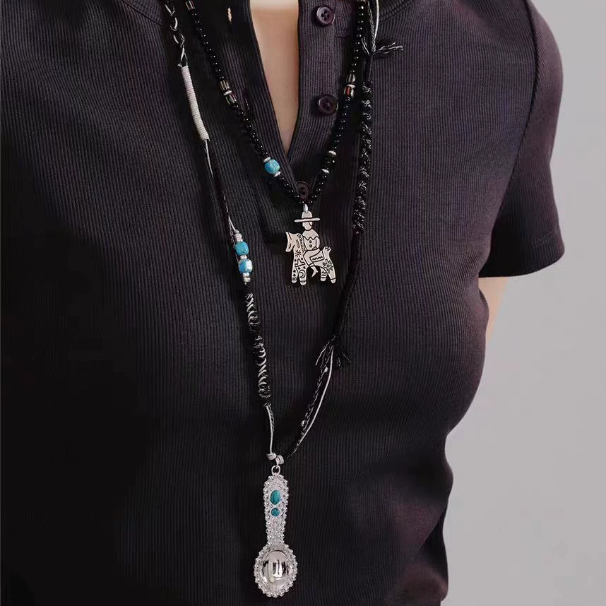 Gypsy Turquoise Inlaid Spoon Rope Necklace