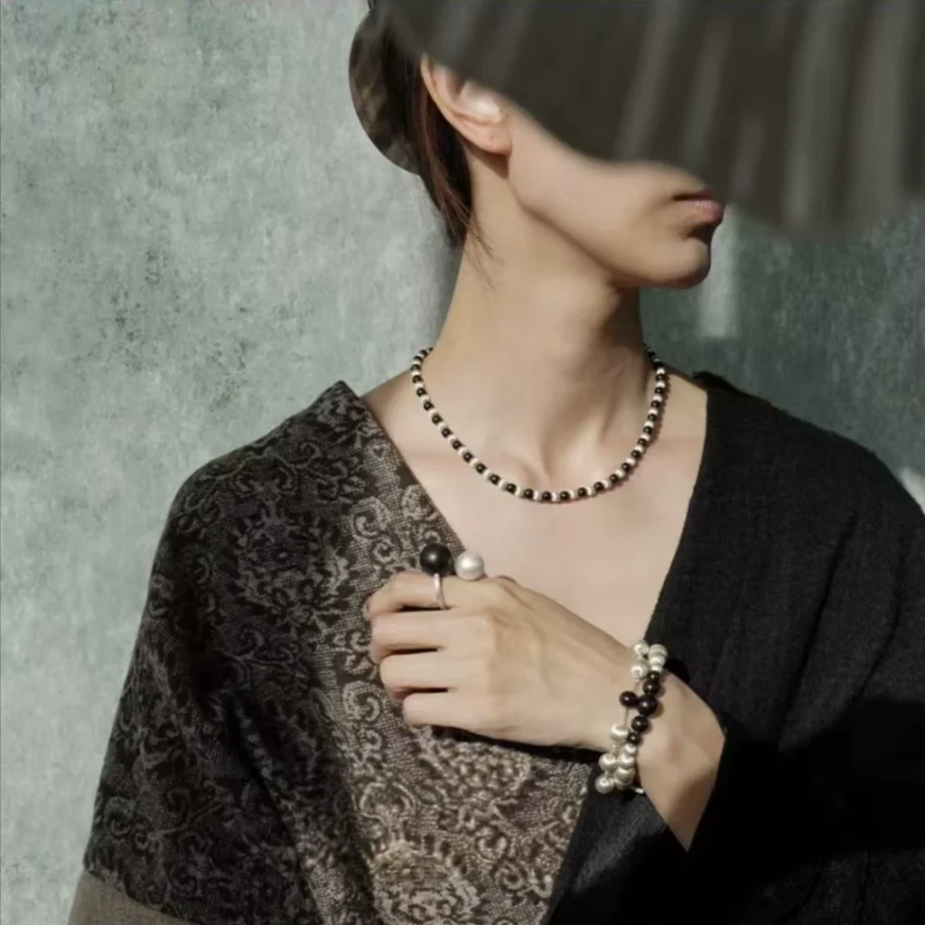 Summer Brushed Ebony Beaded Silver Necklace